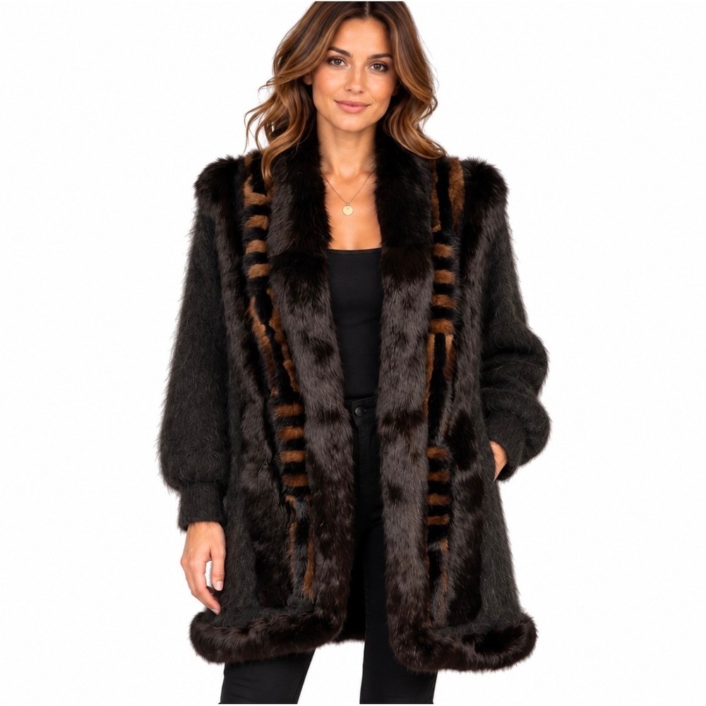 Vintage Radzoli Womens Angora Fur Cardigan Coatigan M Open Front Brown Luxe Glam